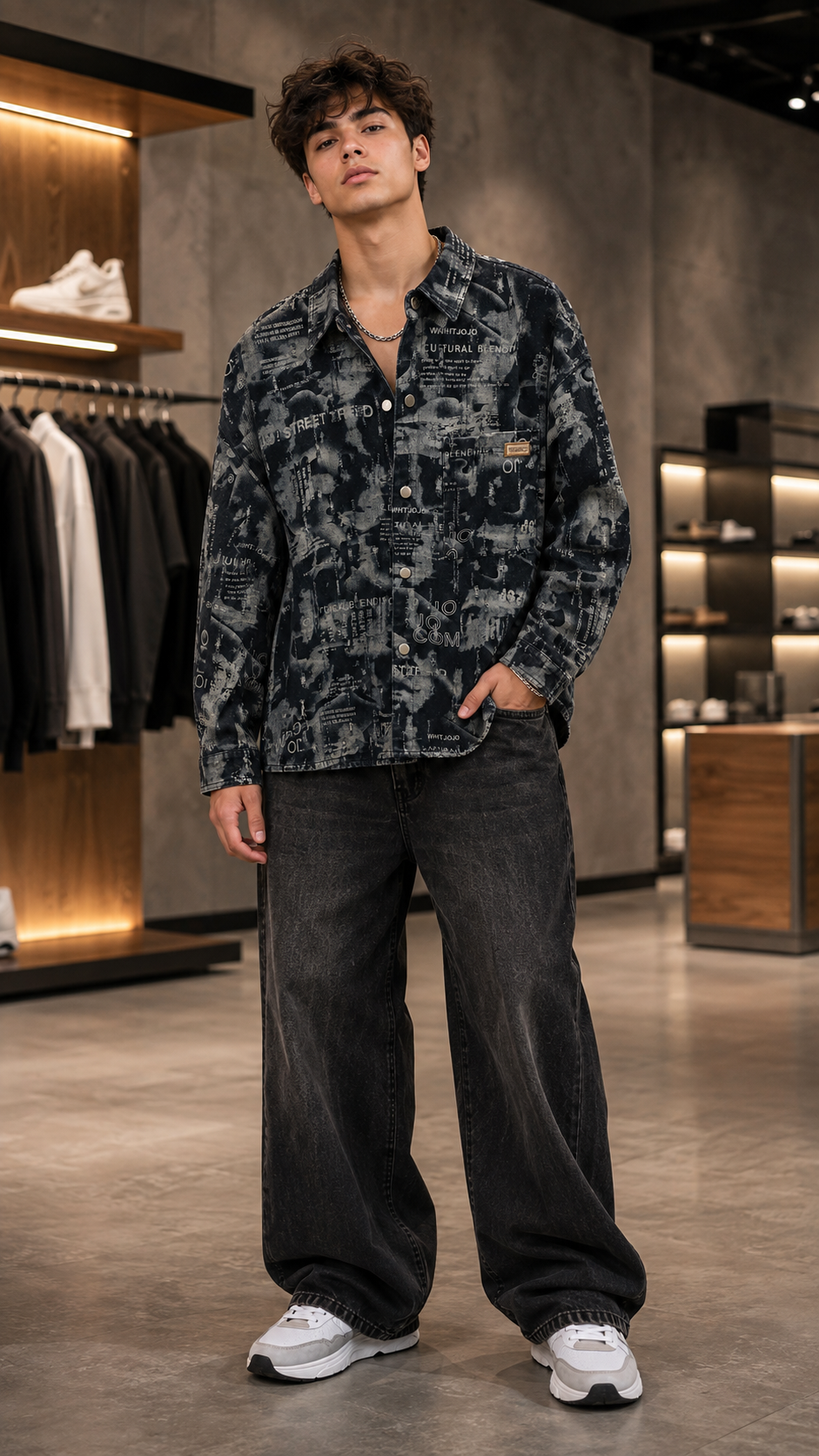 Urban Newspaper Print Black Denim Shacket