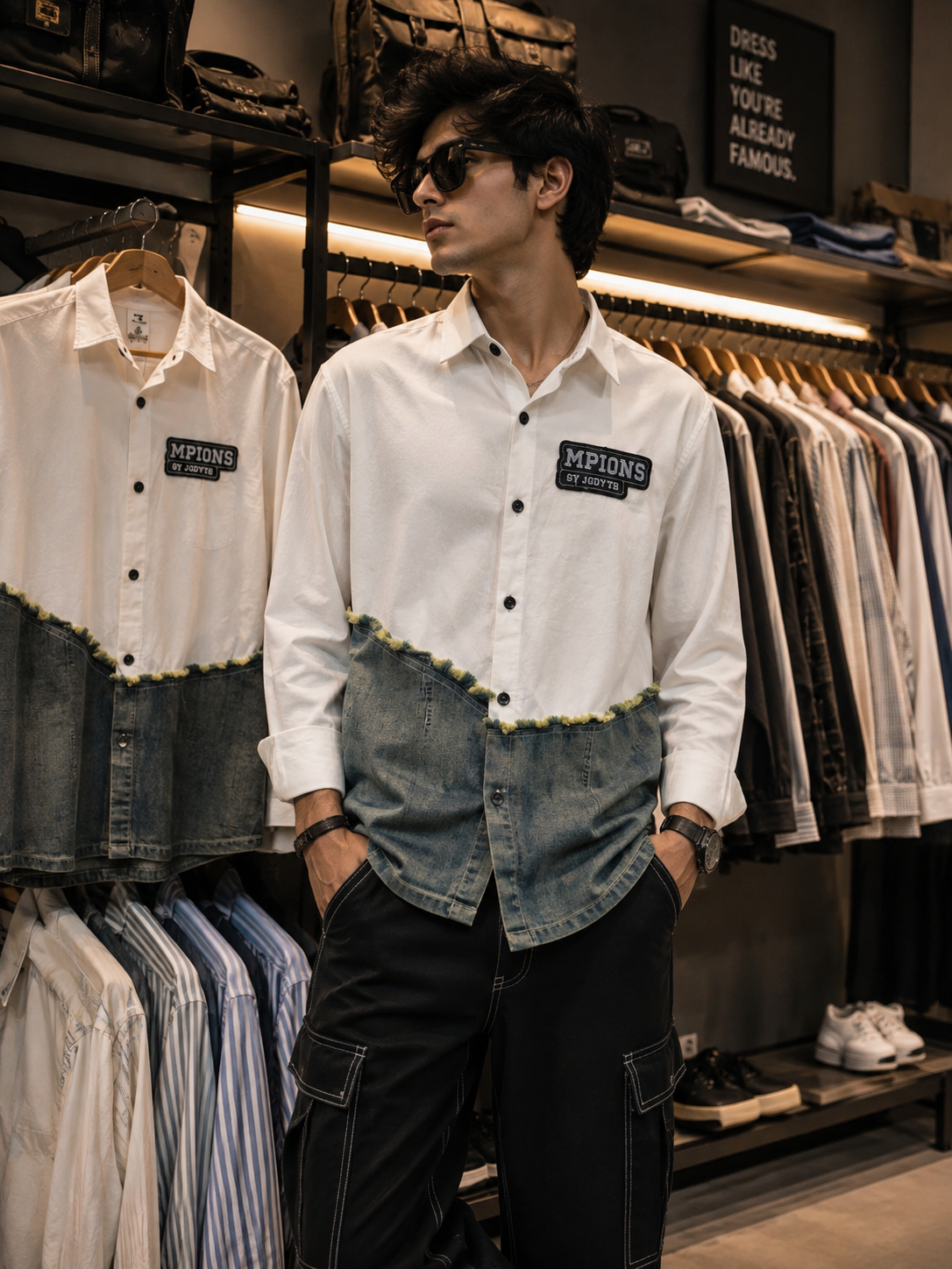 Men’s Denim Panel Contrast Shirt – White & Grey