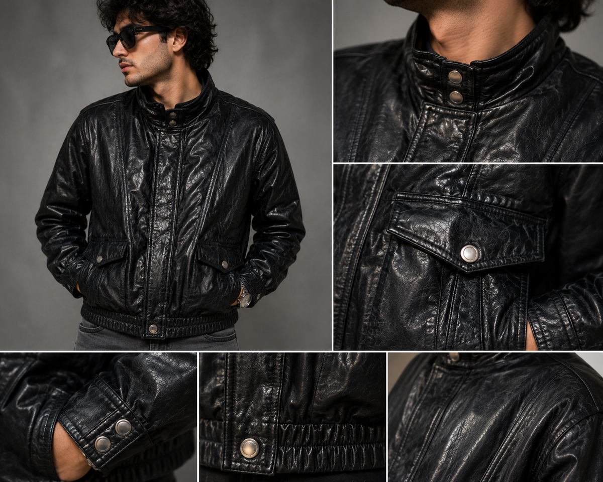 Utility Leather Jacket – Multi-Pocket High Neck Biker Style