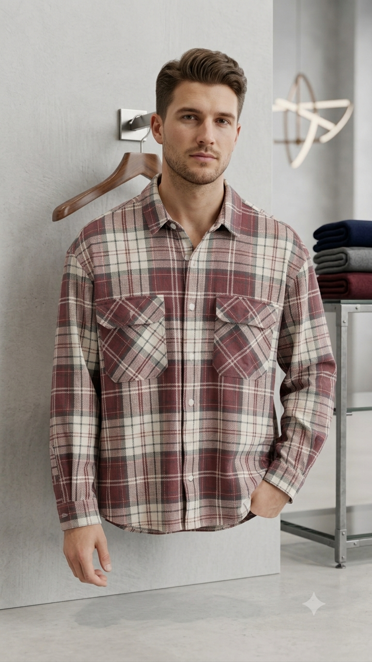 Men's Maroon & Cream Plaid Flannel Shirt