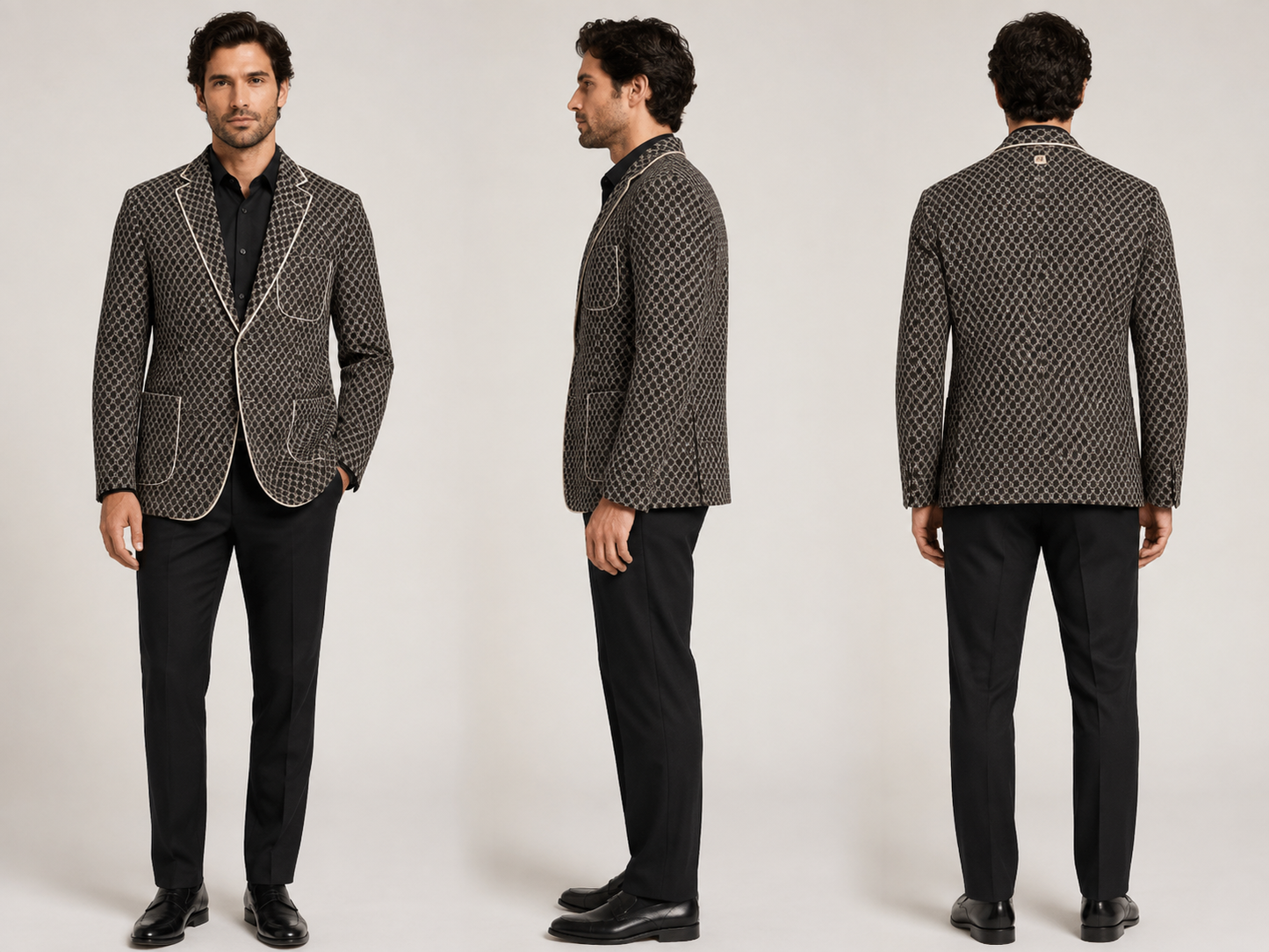 Men's Black & Beige Checkered Designer Blazer with Contrast Piping