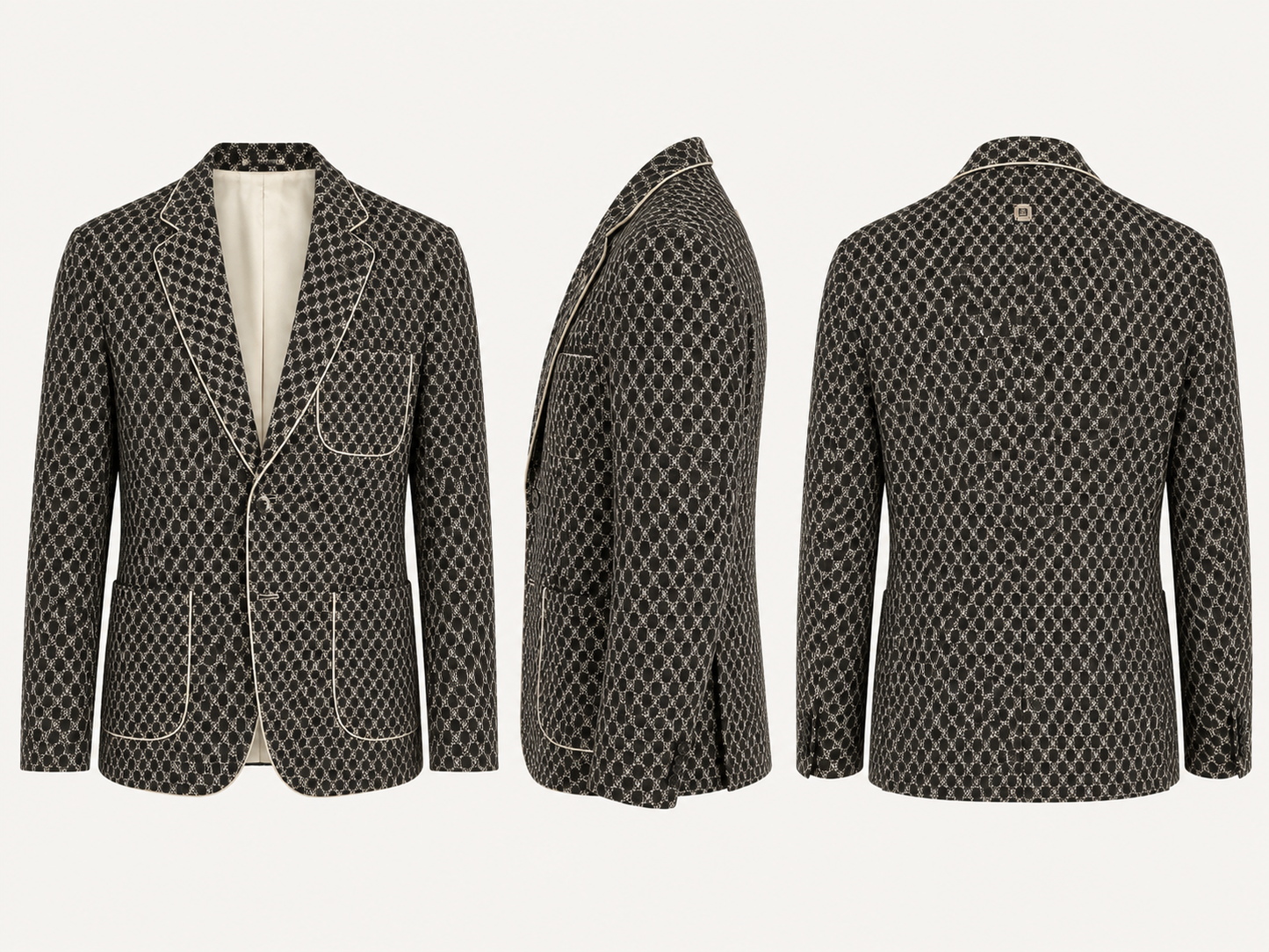 Men's Black & Beige Checkered Designer Blazer with Contrast Piping