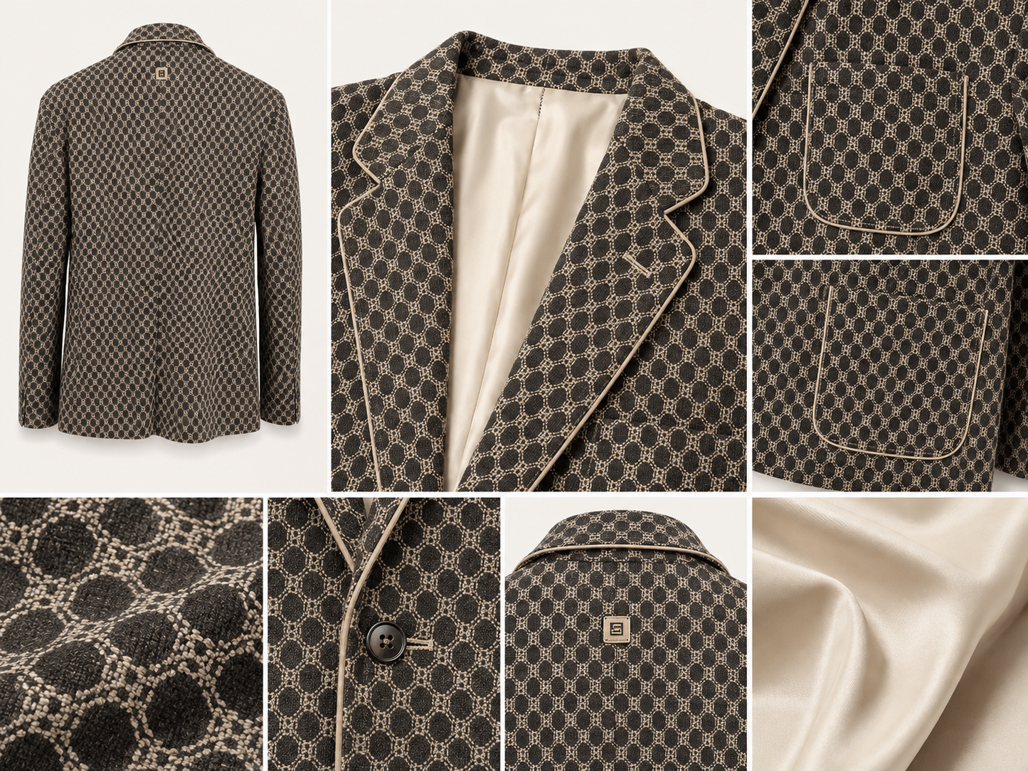 Men's Black & Beige Checkered Designer Blazer with Contrast Piping