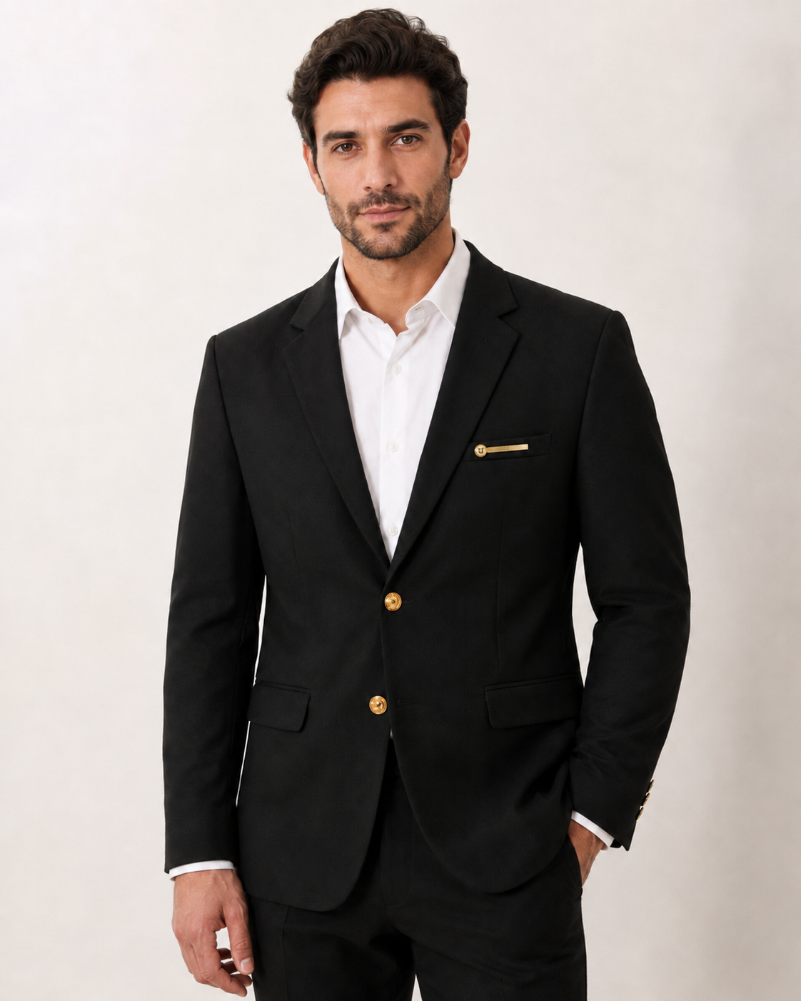 Men's Black Formal Blazer with Gold Buttons & Pocket Detail | Stylish Party Wear Blazer