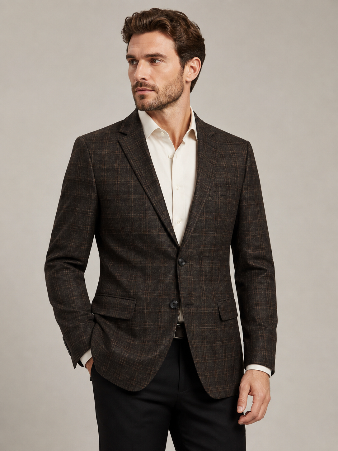 Men's Dark Brown Checkered Blazer | Double Button Formal Party Wear Blazer