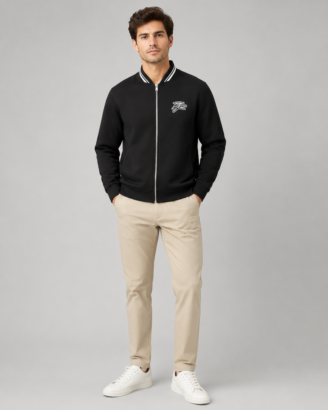 Black Premium Zip-Up Bomber Jacket – Striped Rib Collar Casual Jacket