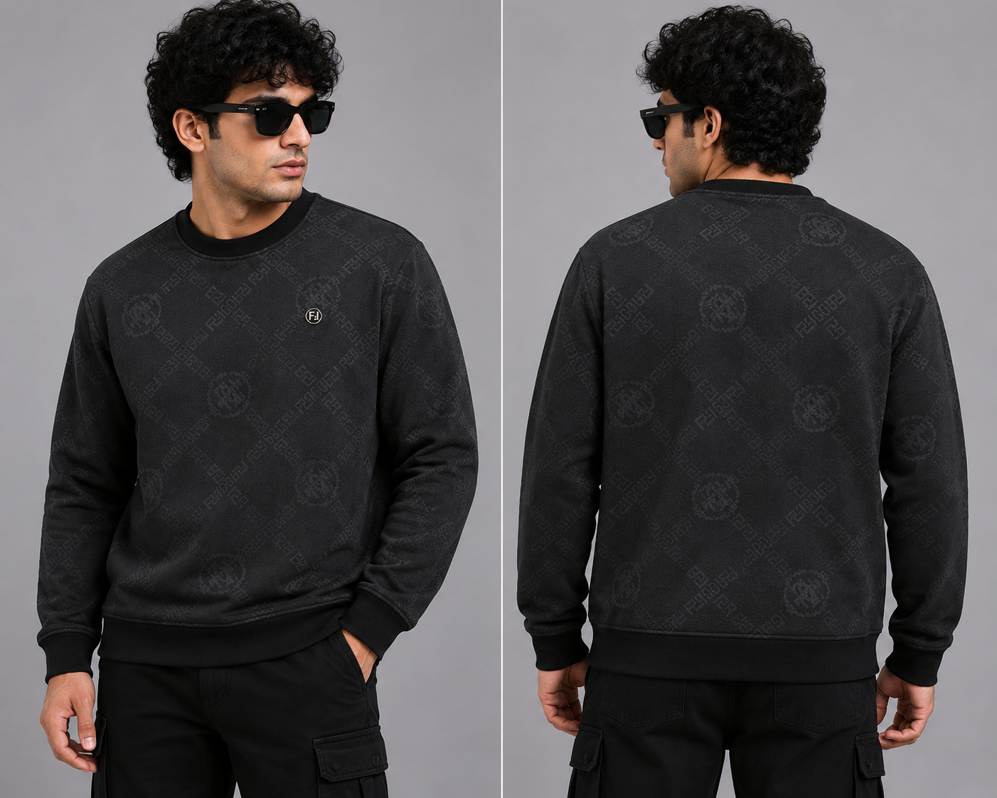 Dark Charcoal All-Over Print Crew Neck Sweatshirt
