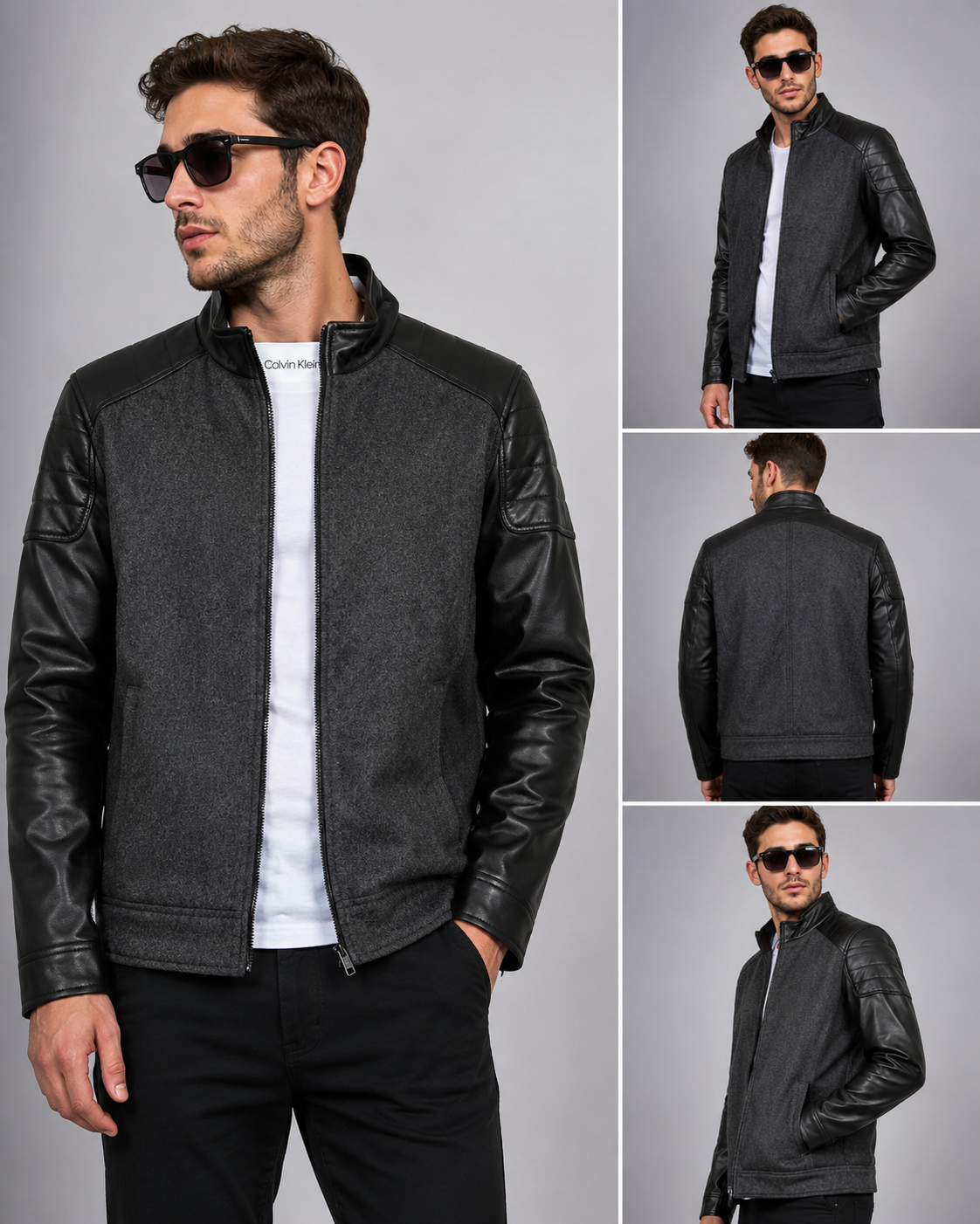 Black Leather Sleeve Charcoal Wool Jacket