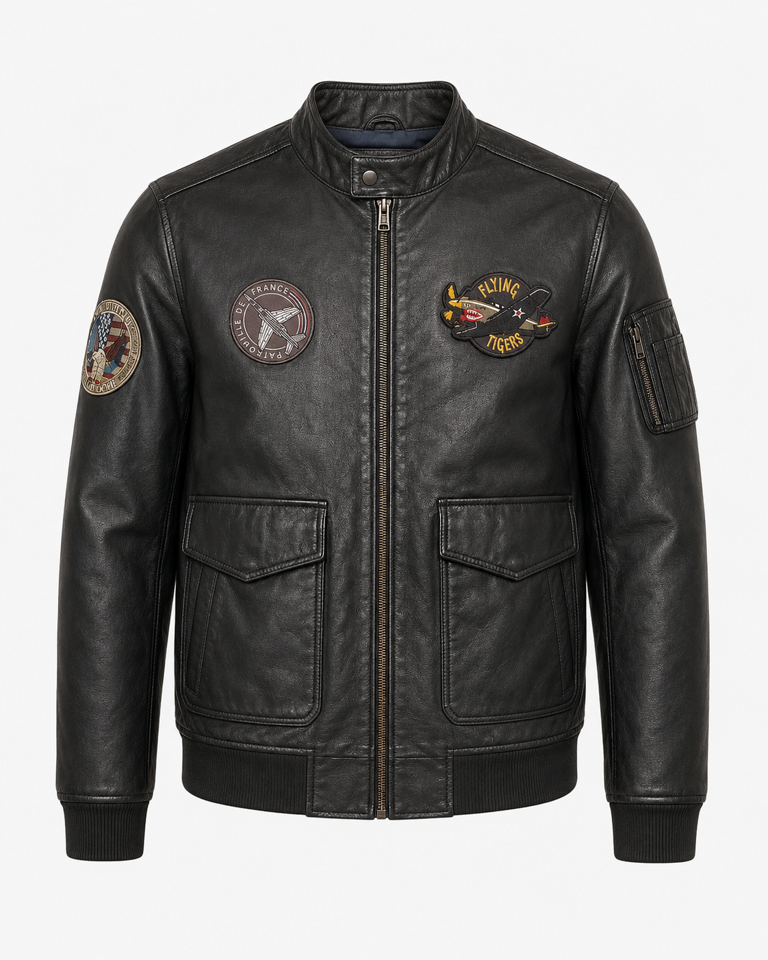 Vintage Black Aviation Patch Leather Jacket – Men’s Utility Biker Style