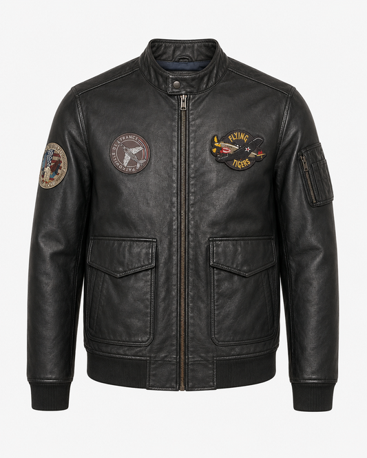 Vintage Black Aviation Patch Leather Jacket – Men’s Utility Biker Style