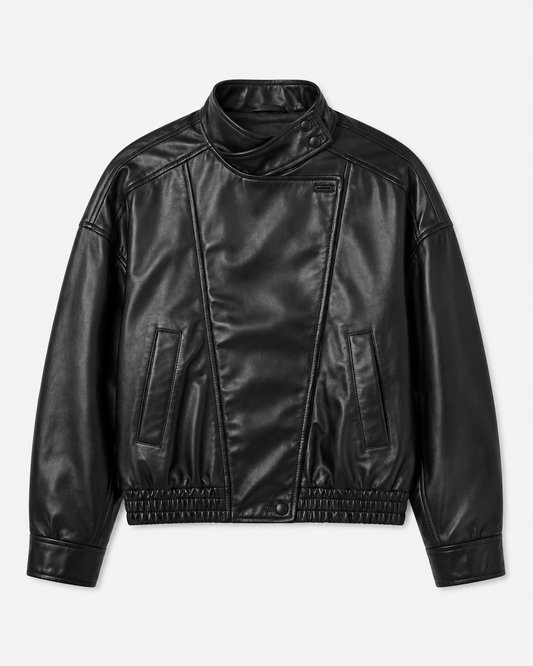 Women’s Black Cropped Leather Jacket – High Neck Moto Style