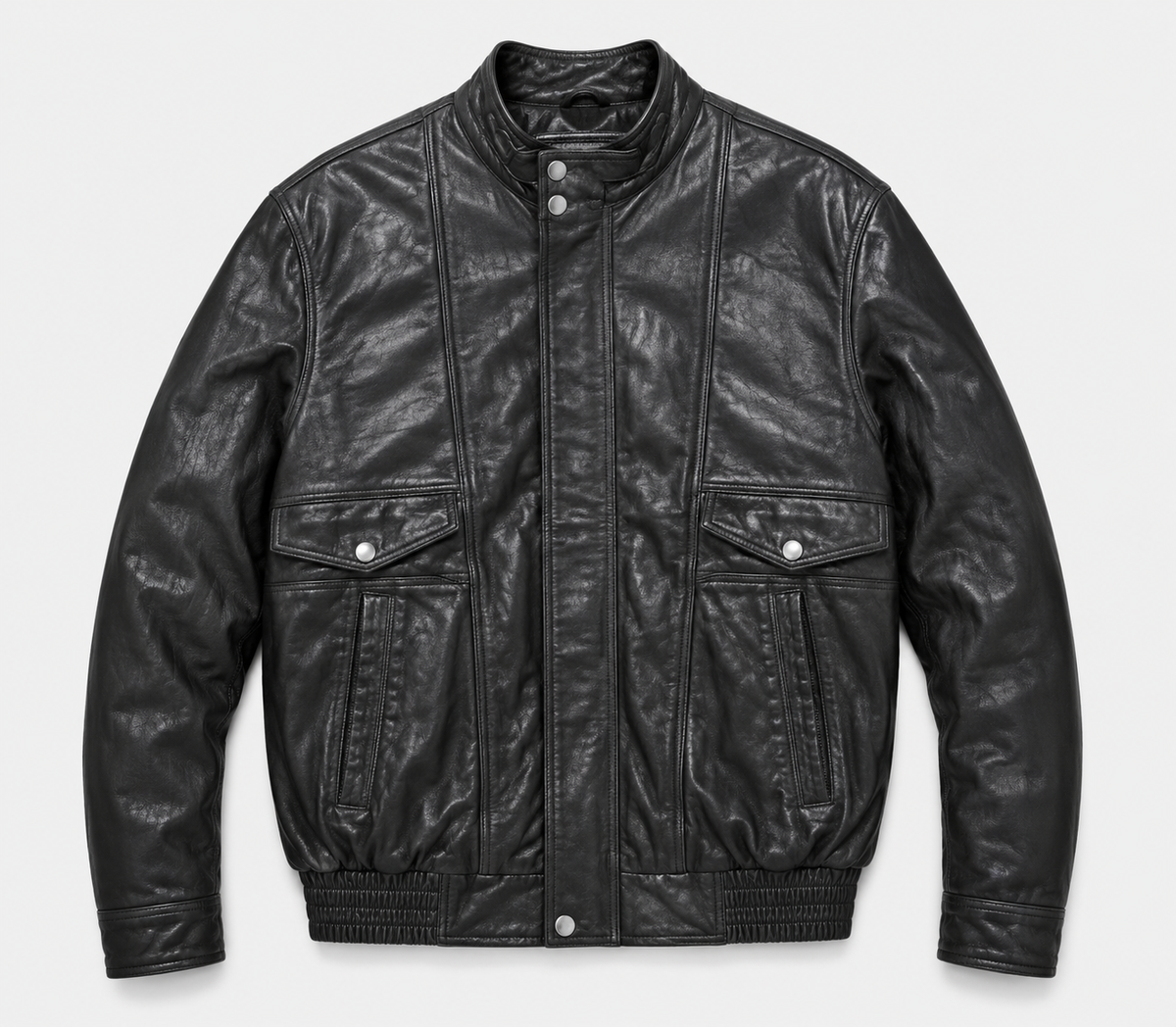 Utility Leather Jacket – Multi-Pocket High Neck Biker Style