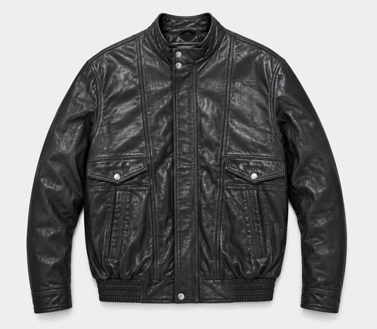 Utility Leather Jacket – Multi-Pocket High Neck Biker Style