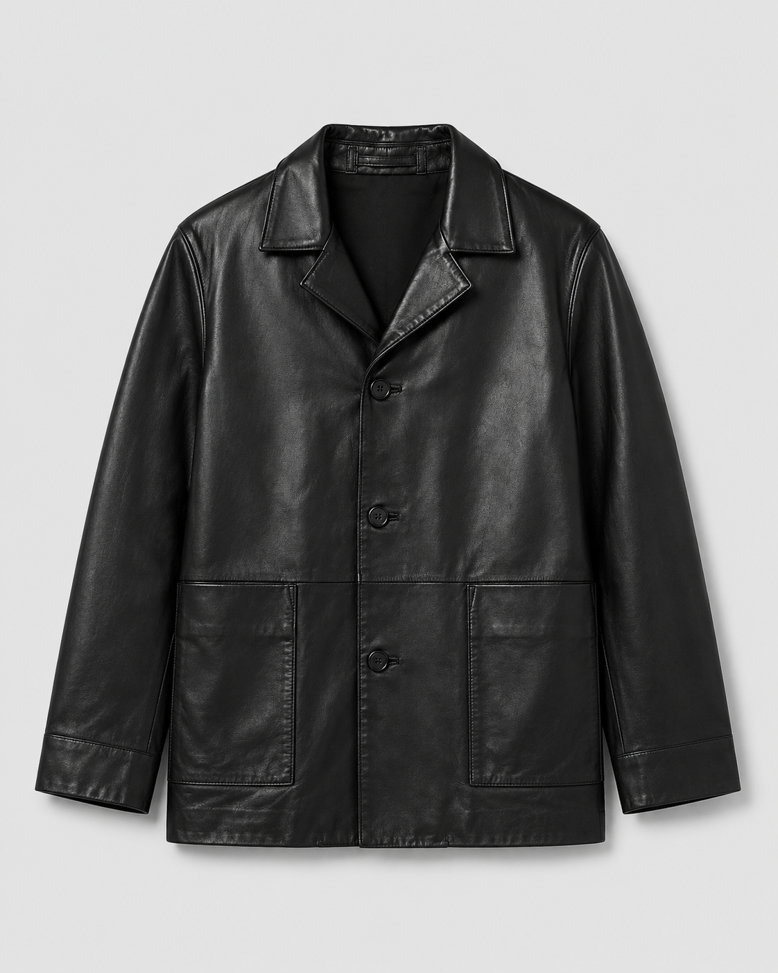 Men’s Black Leather Blazer Jacket – Classic 3-Button Formal Style