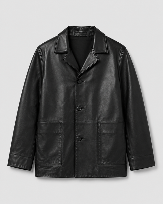Men’s Black Leather Blazer Jacket – Classic 3-Button Formal Style