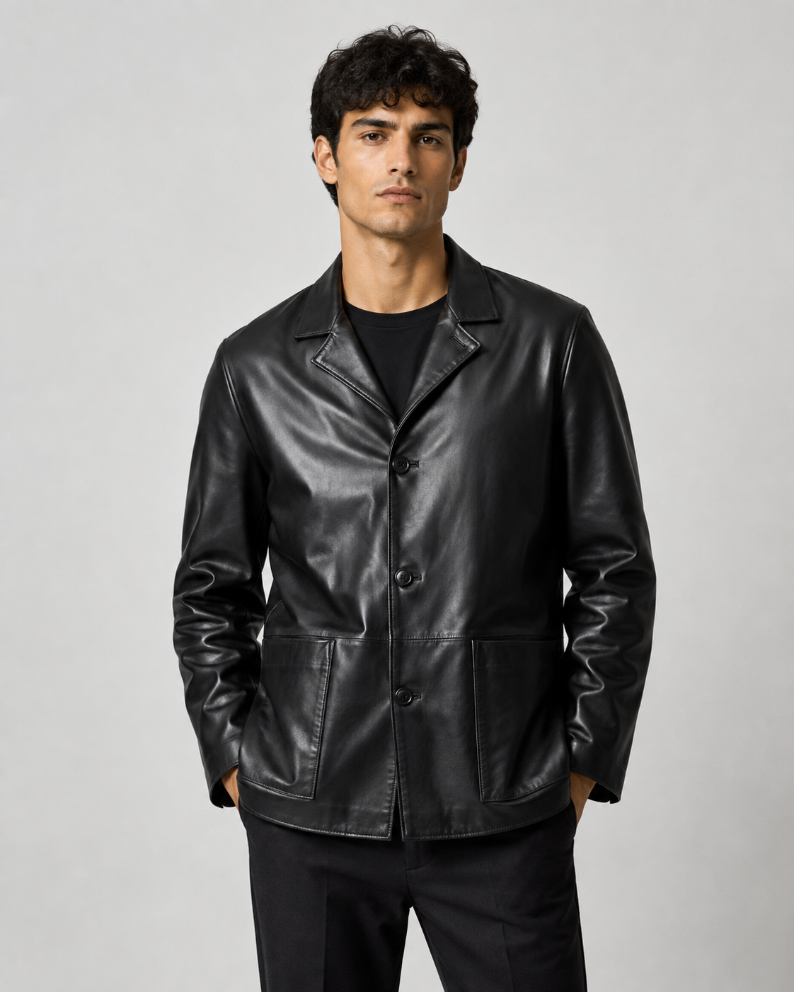 Men’s Black Leather Blazer Jacket – Classic 3-Button Formal Style