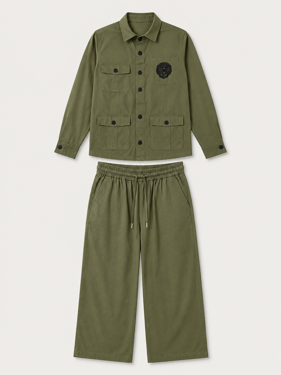 Utility LINEN Co-ord Set – Lion Emblem Overshirt & Wide-Leg Pants