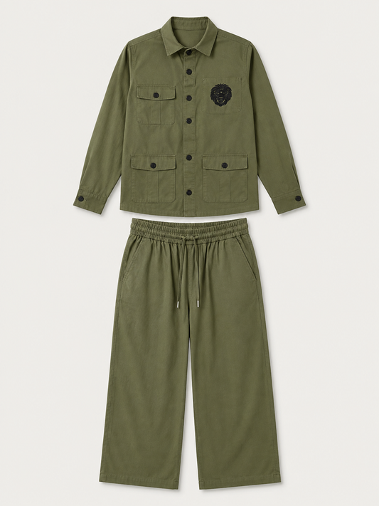 Utility LINEN Co-ord Set – Lion Emblem Overshirt & Wide-Leg Pants