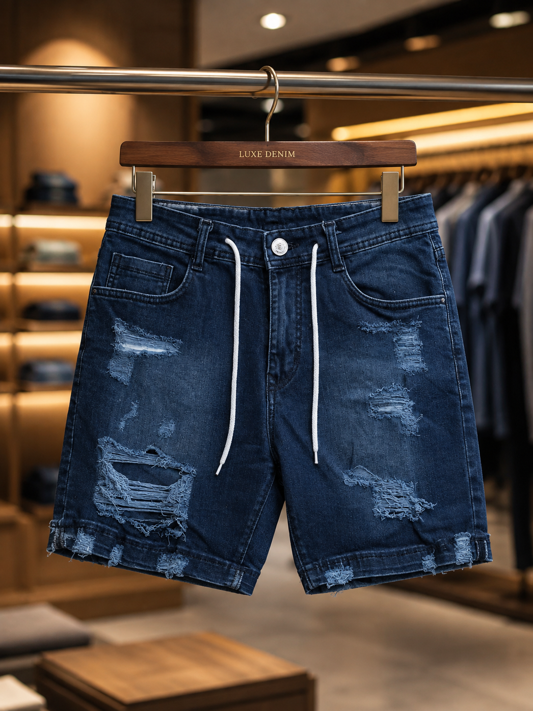 Men’s Dark Blue Distressed Denim Drawstring Shorts