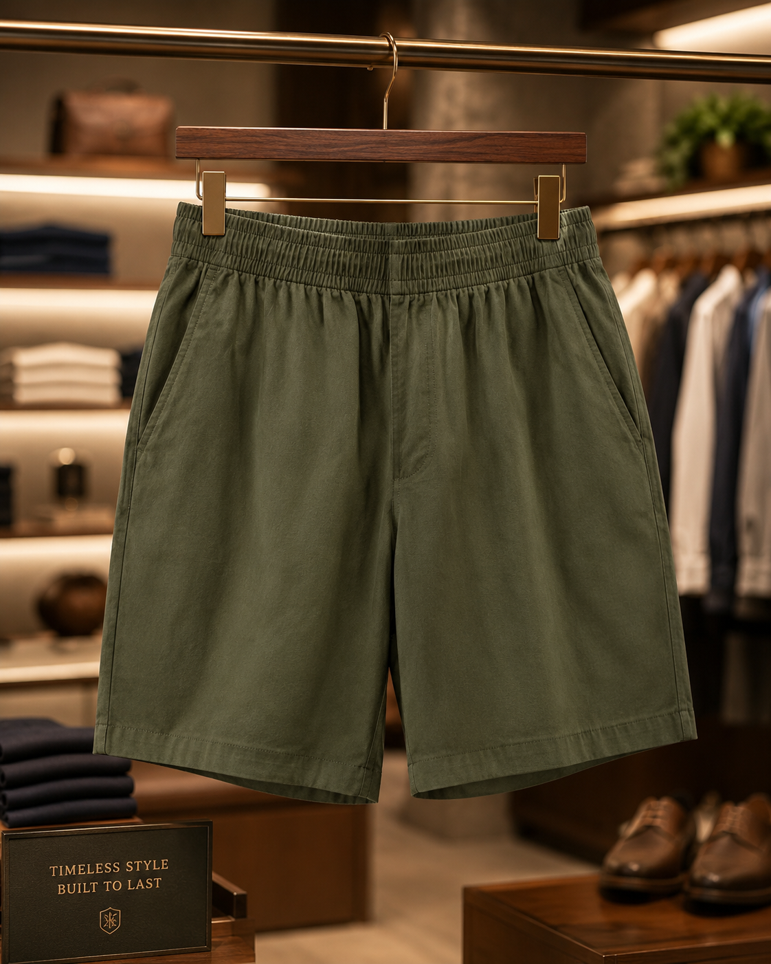 Men’s Olive Green Elastic Waist Casual Shorts