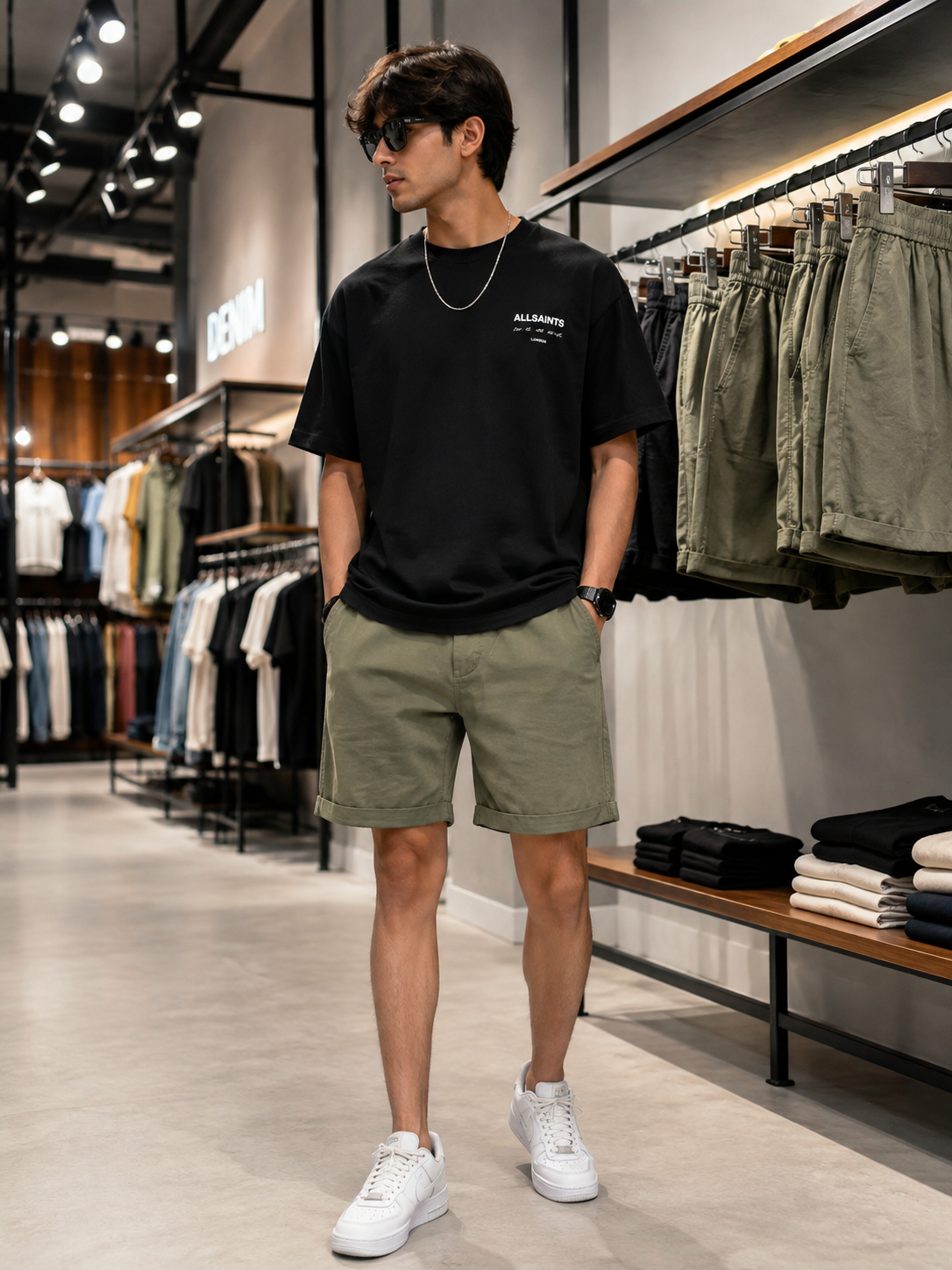Men’s Olive Green Elastic Waist Casual Shorts