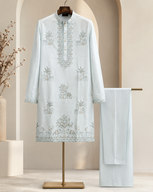 Ice Blue Embroidered Kurta Pajama Set – Premium Ethnic Wear