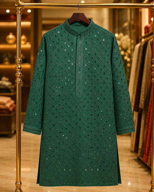 Emerald Green Mirror Work Embroidered Kurta for Men