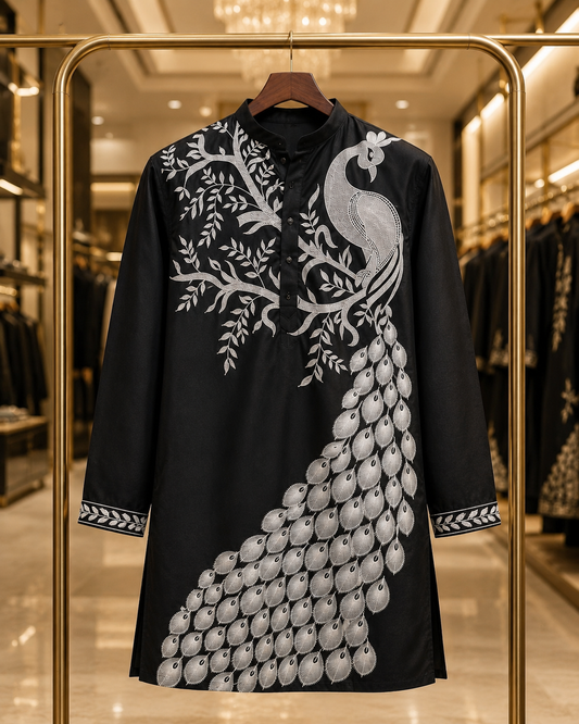 Premium Black Peacock Embroidered Kurta for Men