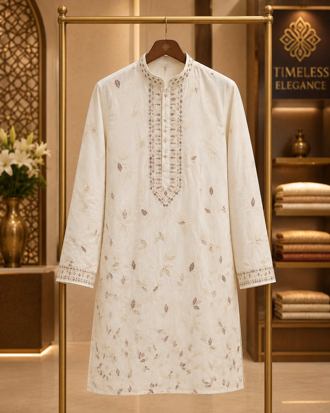 Premium Ivory Floral Embroidered Kurta for Men