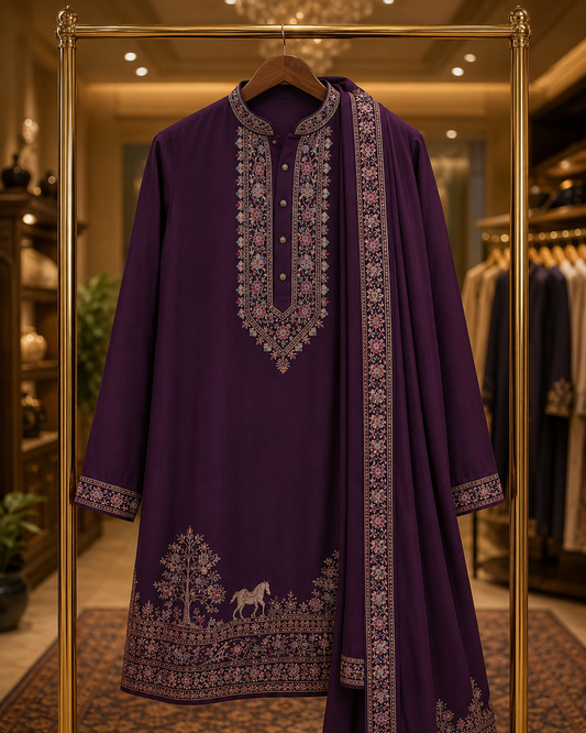 Royal Plum Heritage Embroidered Kurta Set for Men