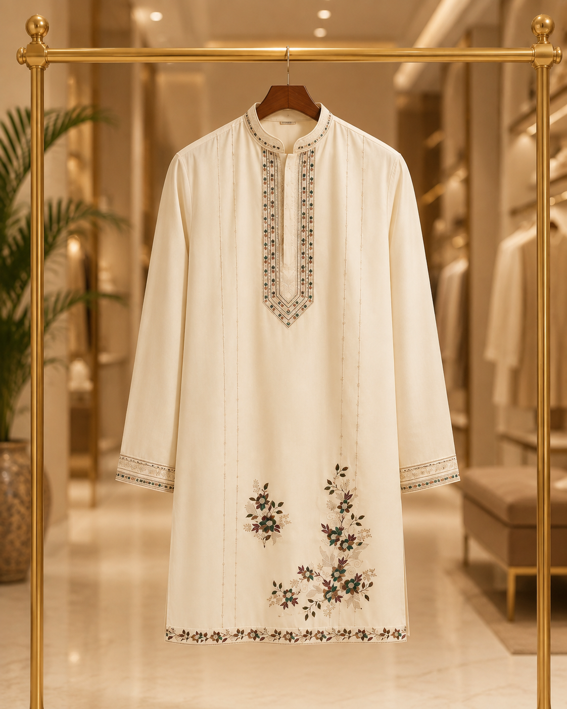 Premium Ivory Floral Embroidered Kurta Set for Men
