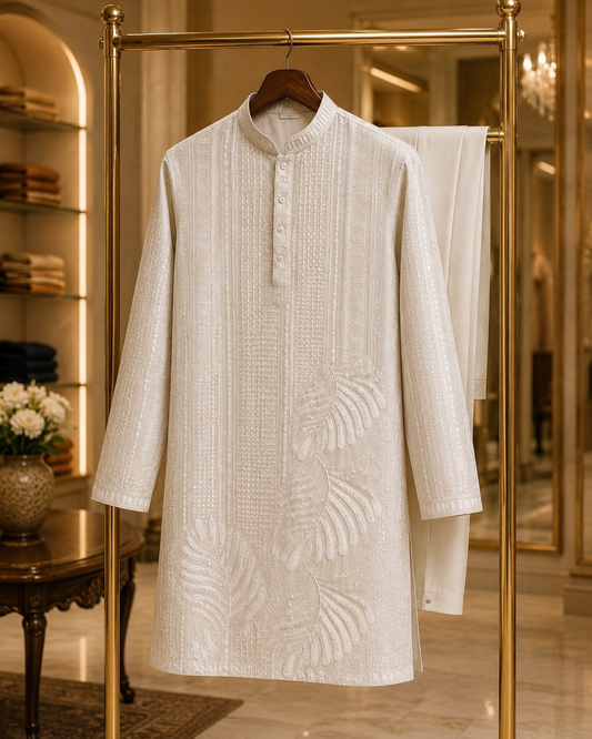 Premium White Tonal Embroidered Kurta Set for Men