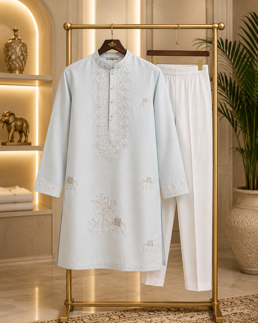 Premium Ice Blue Elephant Embroidered Kurta Set for Men