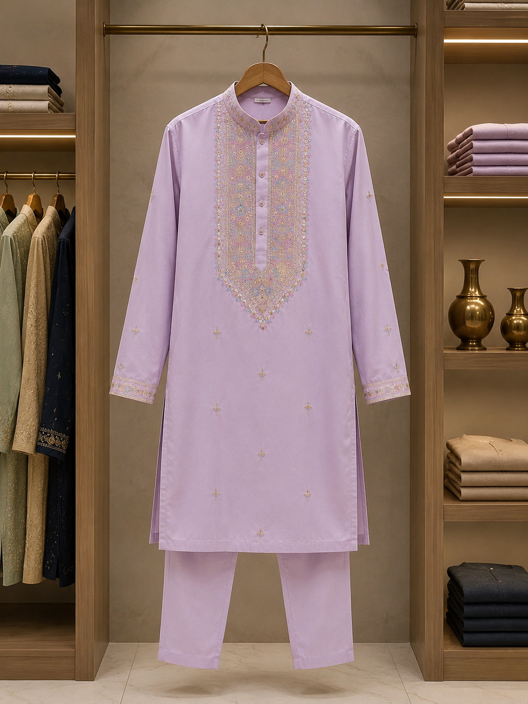 Premium Lavender Embroidered Kurta Set for Men
