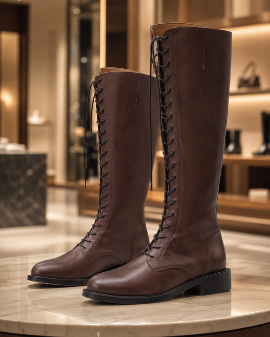 Vintage Brown Knee-High Lace-Up Riding Boots