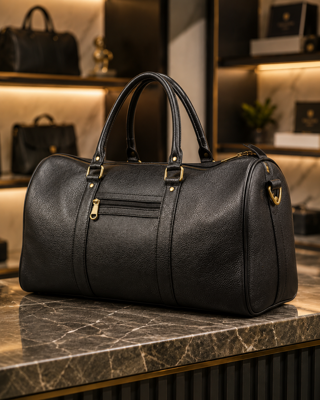 Premium Black Textured Leather-Look Duffle Travel Bag