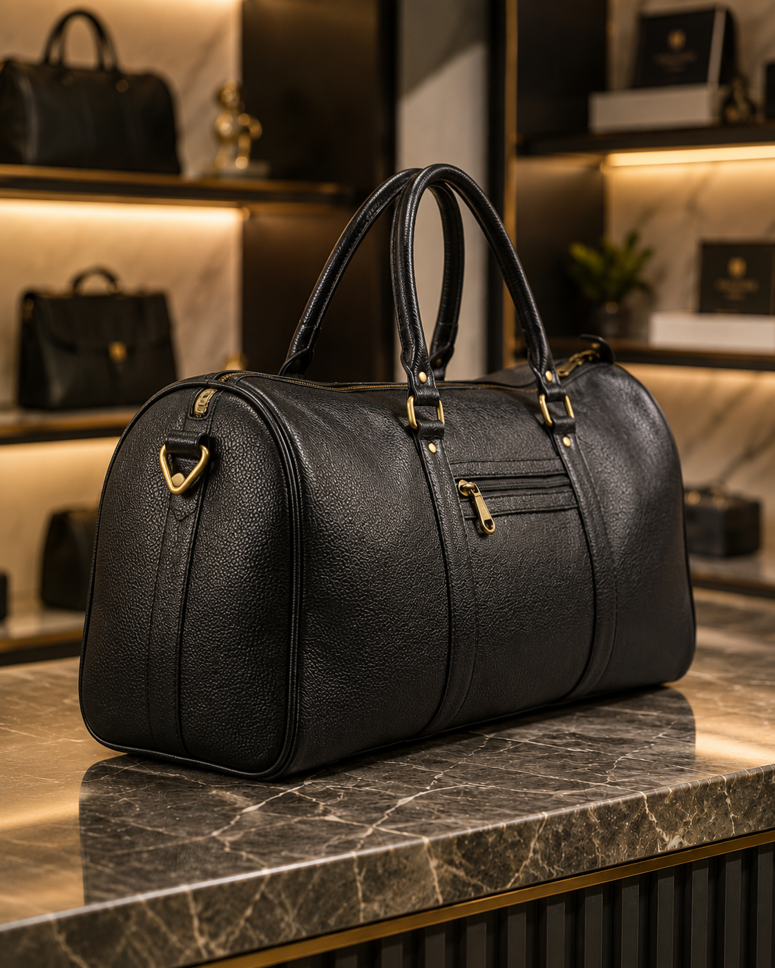 Premium Black Textured Leather-Look Duffle Travel Bag