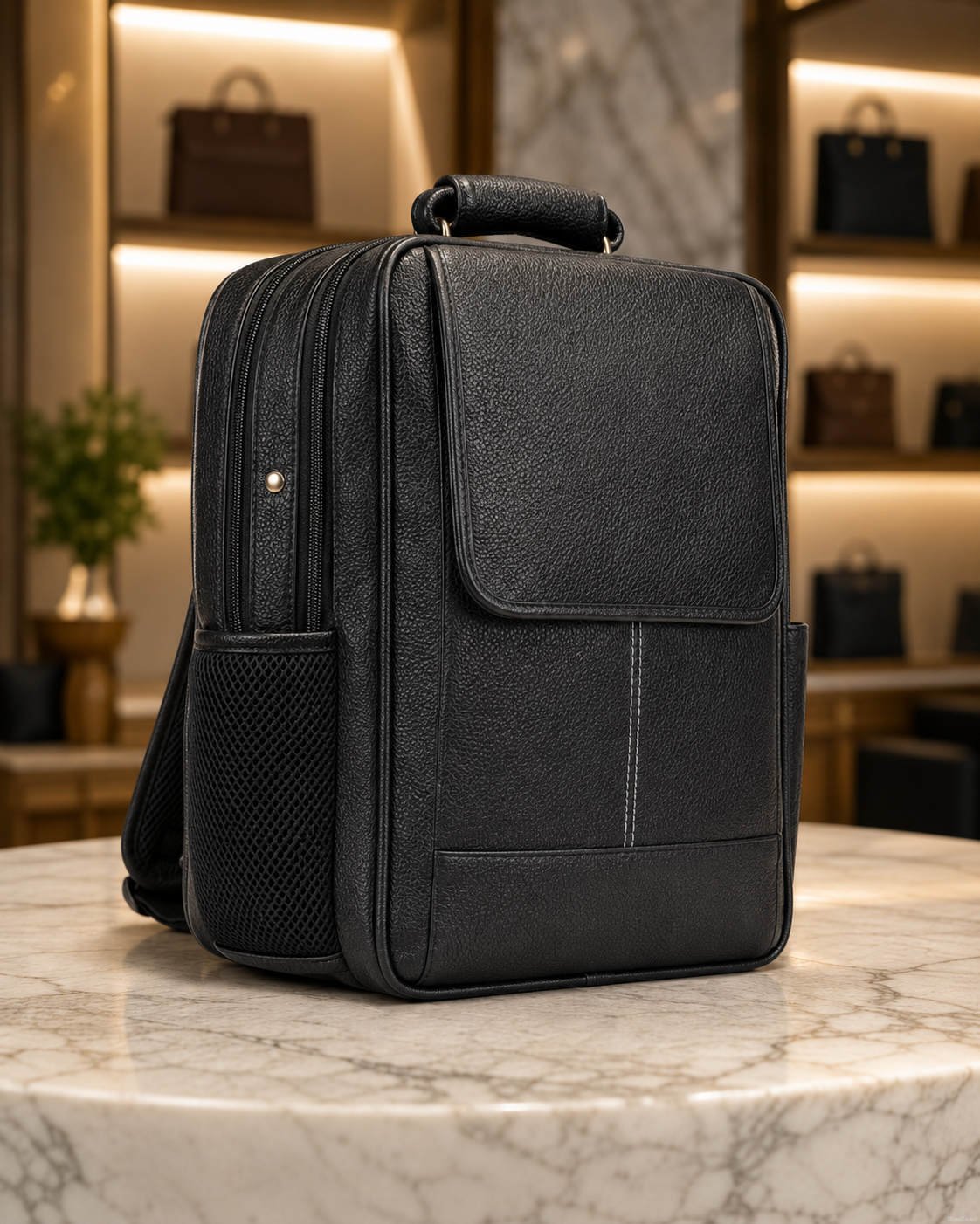 Premium Black Textured Leather-Look Executive Backpack