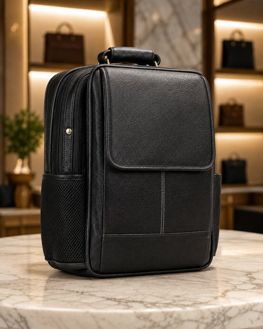 Premium Black Textured Leather-Look Executive Backpack