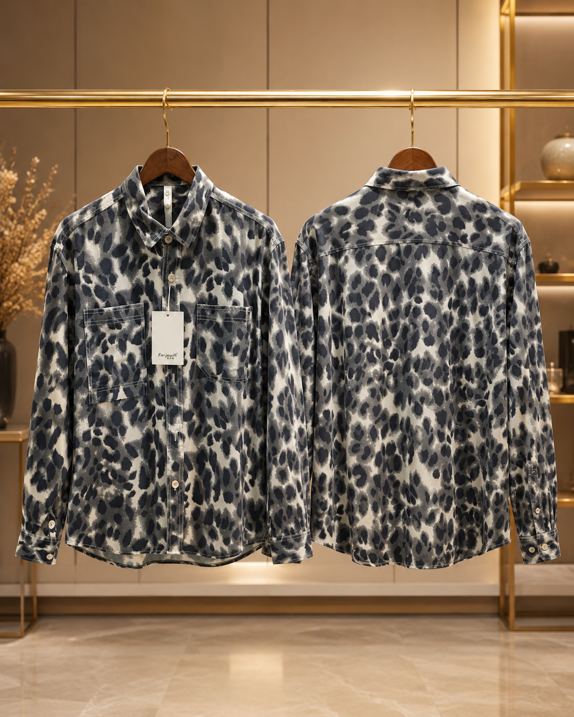 Men’s Animal Print Utility Shirt – Black & Beige