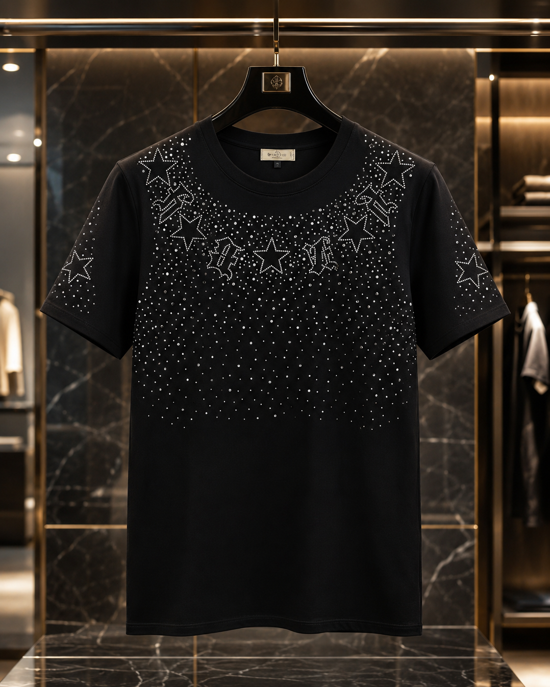 Men’s Black Rhinestone Star Graphic T-Shirt – Premium Party & Streetwear Tee