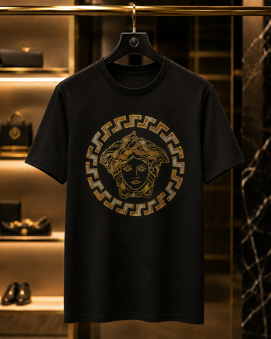 Men’s Black Gold Rhinestone Medusa Graphic T-Shirt – Premium Statement Tee