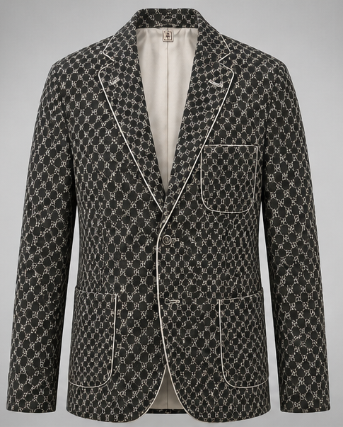 Men's Black & Beige Checkered Designer Blazer with Contrast Piping