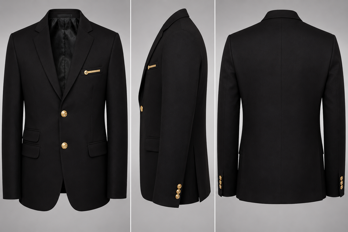 Men's Black Formal Blazer with Gold Buttons & Pocket Detail | Stylish Party Wear Blazer