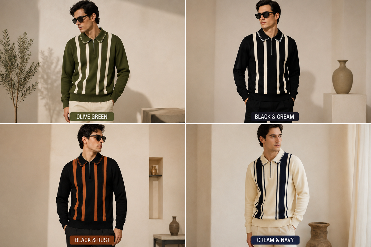 Vertical Stripe Knit Polo Sweater – Premium & Stylish