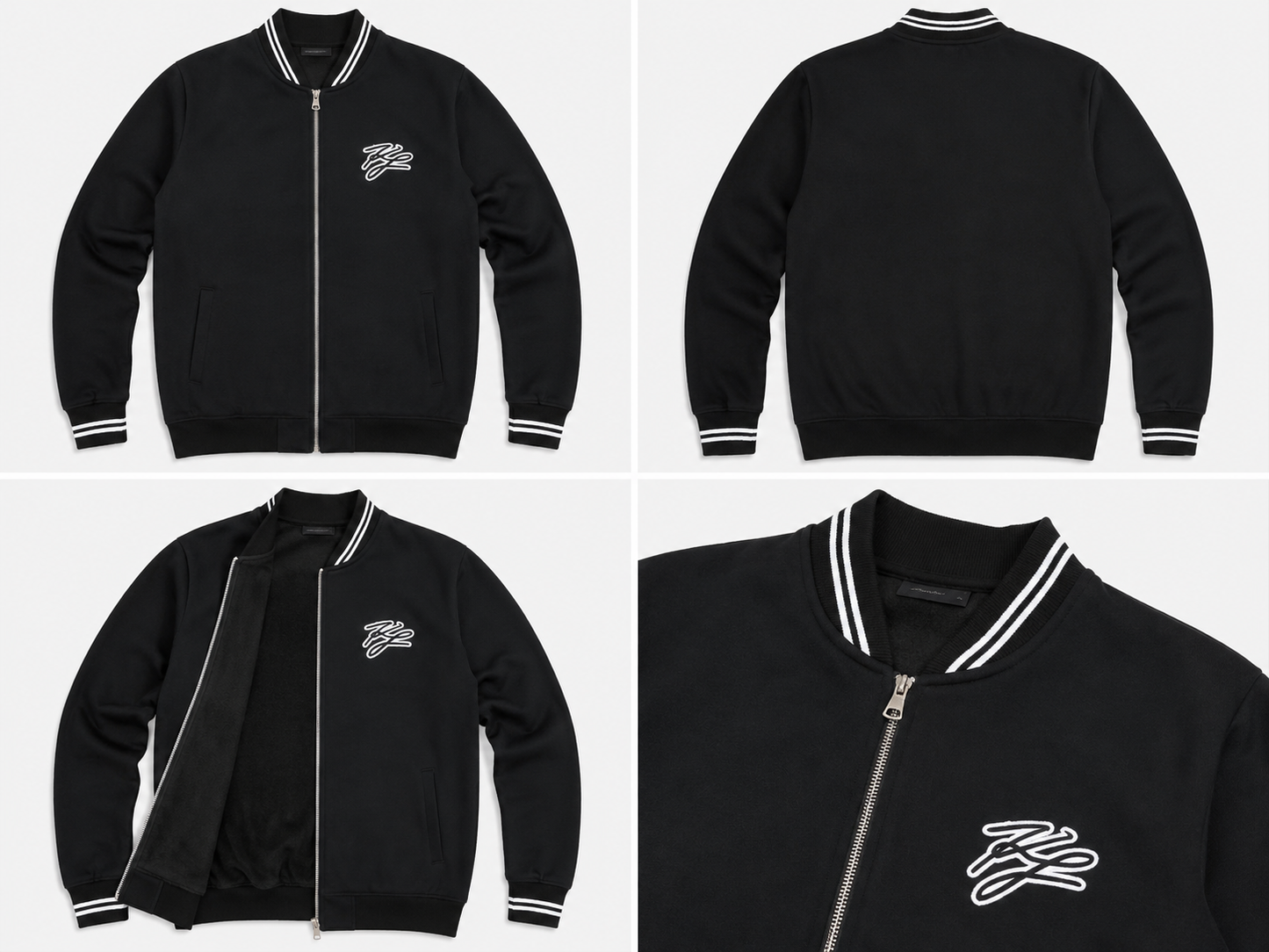 Black Premium Zip-Up Bomber Jacket – Striped Rib Collar Casual Jacket