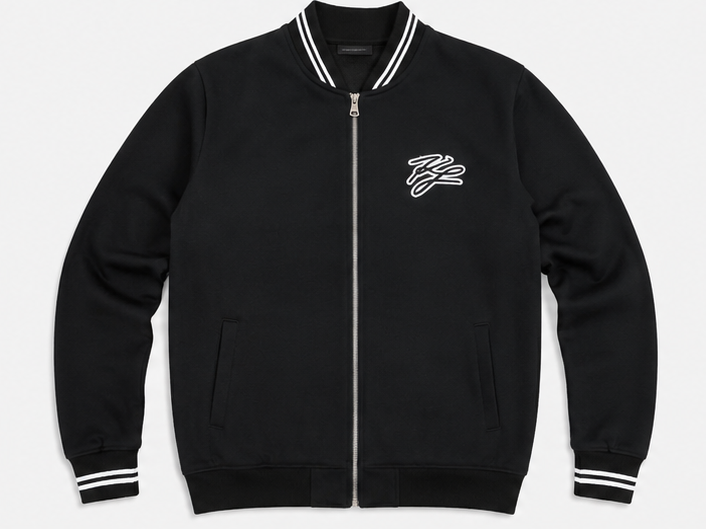 Black Premium Zip-Up Bomber Jacket – Striped Rib Collar Casual Jacket