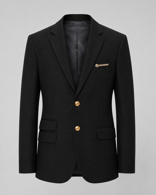 Men's Black Formal Blazer with Gold Buttons & Pocket Detail | Stylish Party Wear Blazer