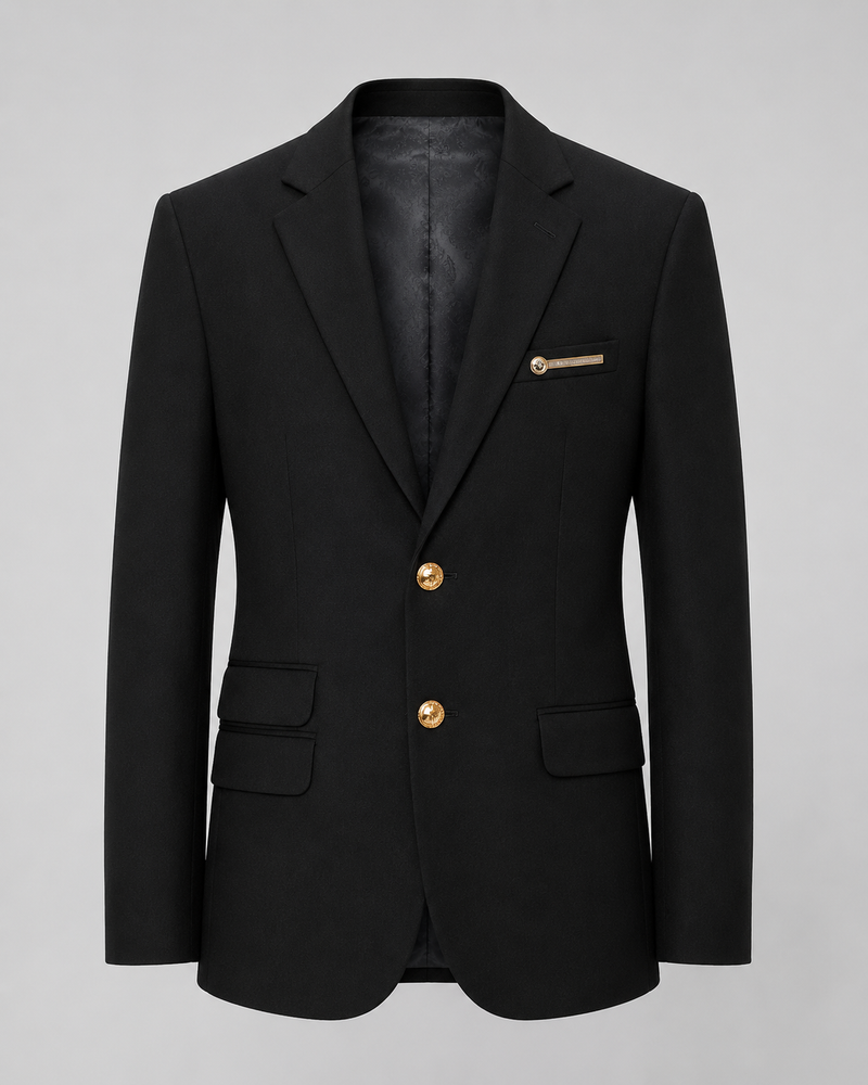 Men's Black Formal Blazer with Gold Buttons & Pocket Detail | Stylish Party Wear Blazer