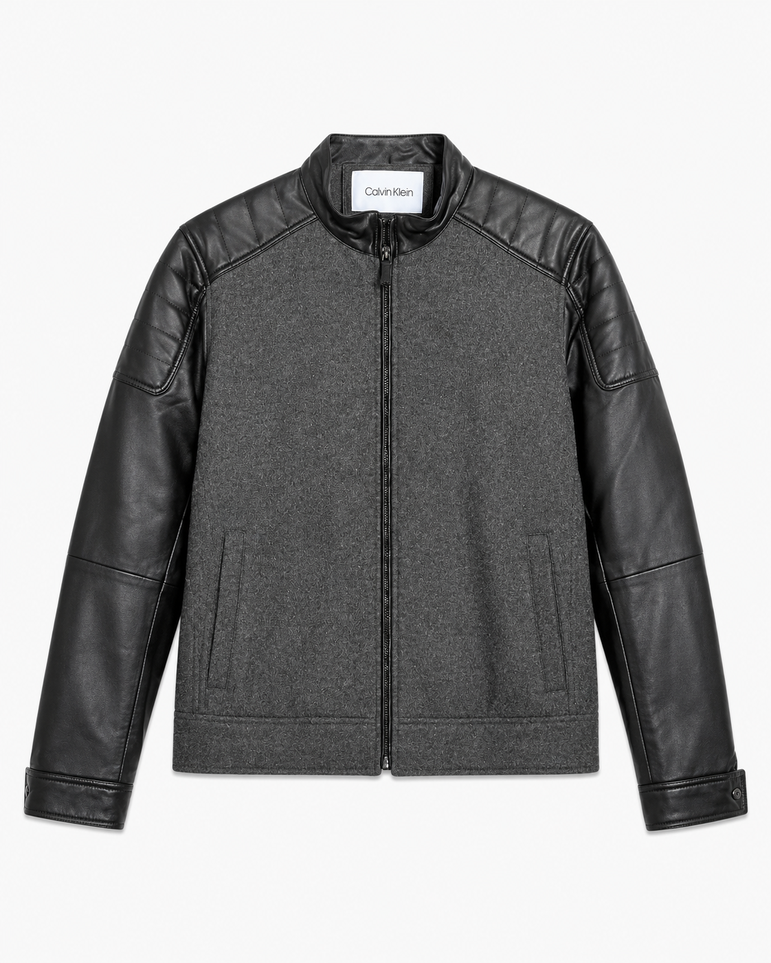 Black Leather Sleeve Charcoal Wool Jacket